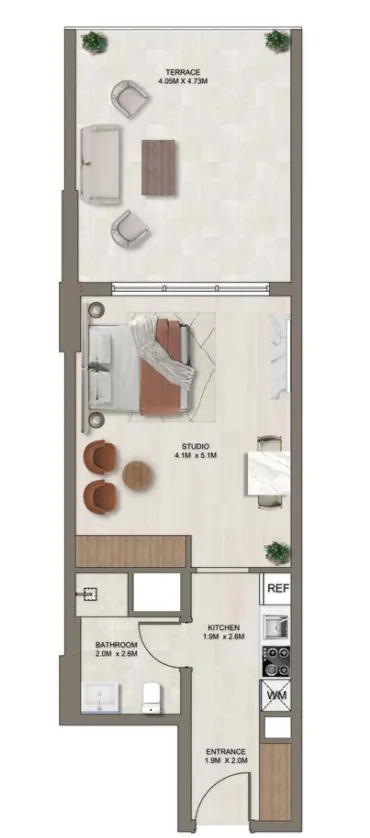 Ghaff Land Residence Studio floor plan, 633 sqft