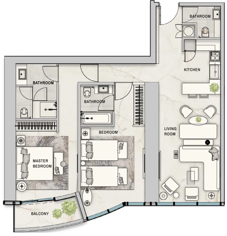The Biltmore Residences Sufouh 2 bed floor plan, 1,097 – 1,141 sqft