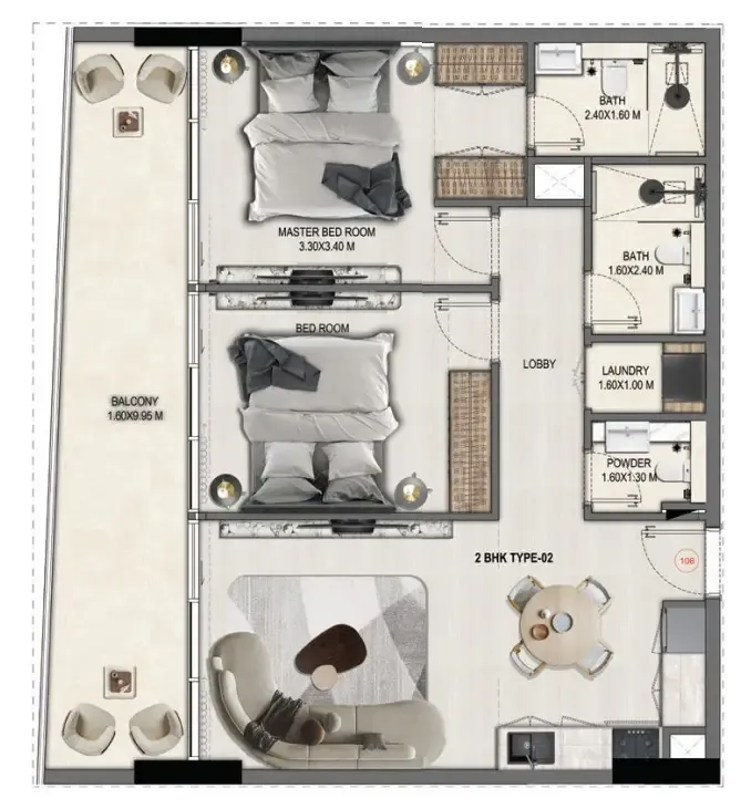 Divine Elements 2 bed floor plan, 1,024 – 1,068 sqft