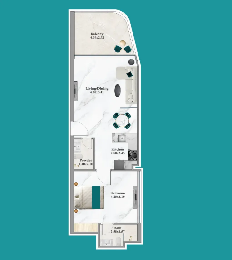 Breez 1 bed floor plan, 667 – 668 sqft