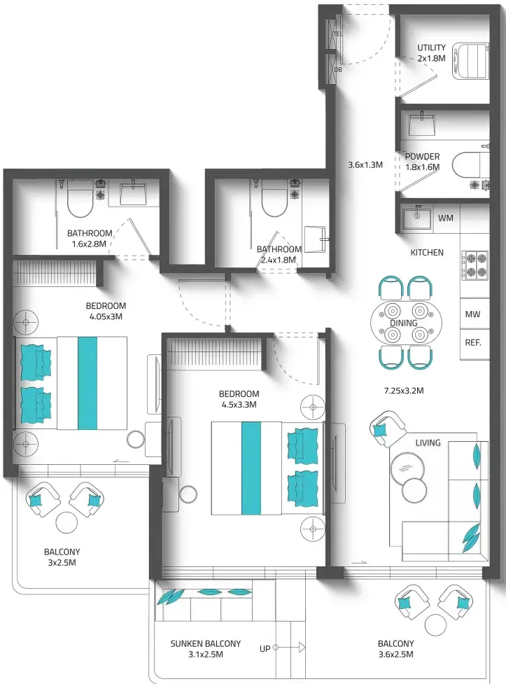 Reef 996 2 bed floor plan, 477 sqft