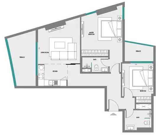 Samana Greenfield 2 2 bed floor plan, 953 – 1,019 sqft