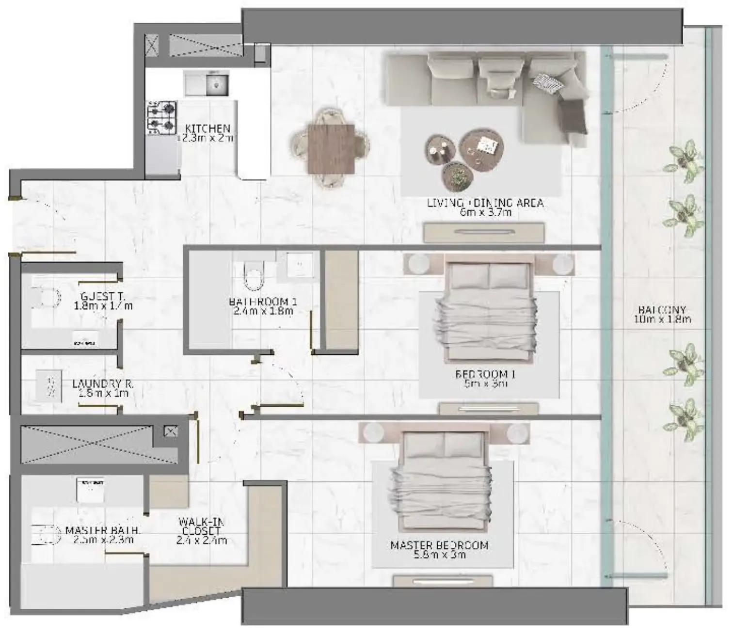 Al Habtoor Tower 2 bed floor plan, 1,350 sqft