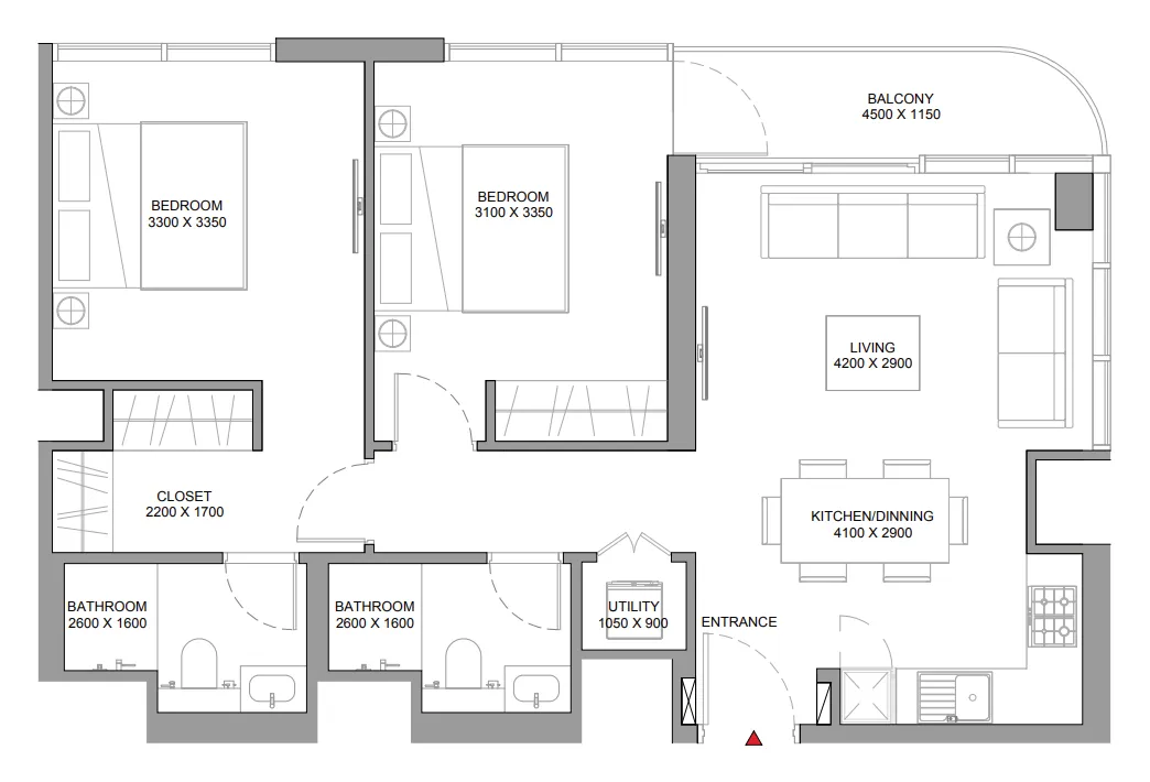 Florine Beach Residences 2 bed floor plan, 864 sqft