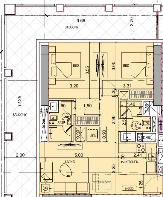 Binghatti Titania 2 bed floor plan, 1,200 sqft