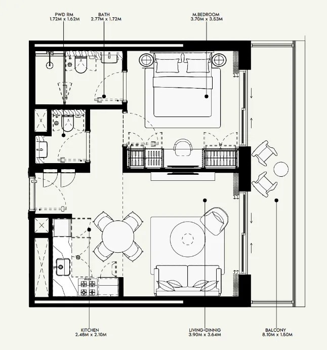 Azizi Venice 1 bed floor plan, 689 sqft