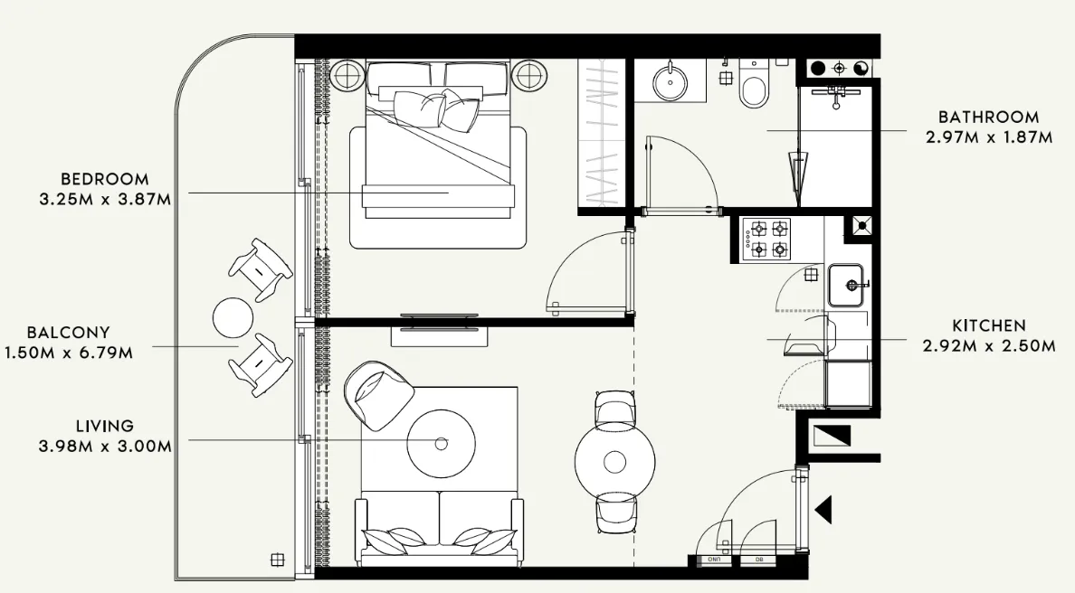 Azizi Raffi 1 bed floor plan, 692 – 764 sqft