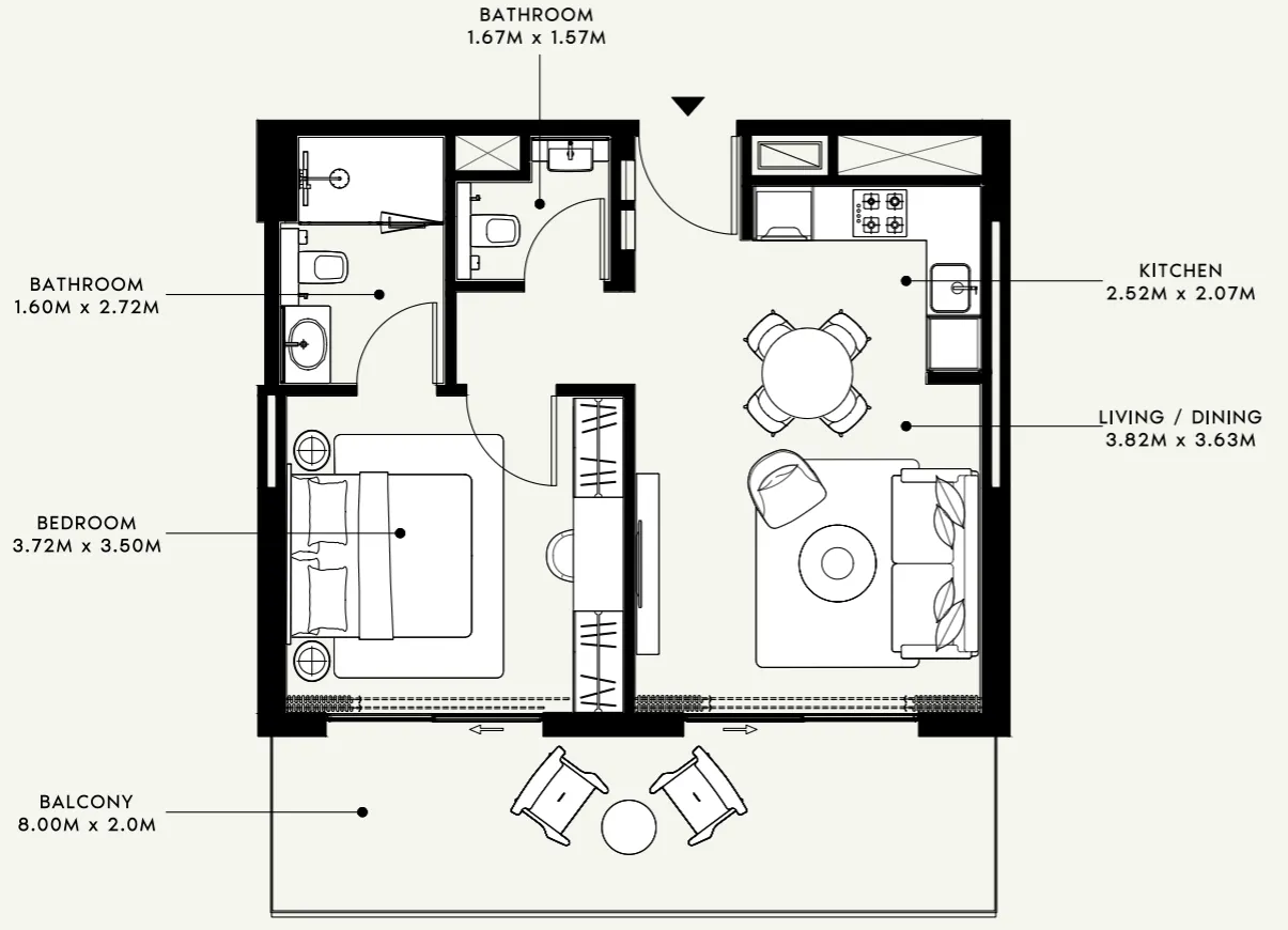 Azizi Venice 1 bed floor plan, 724 sqft
