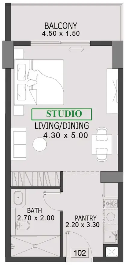 One By Preston Studio floor plan, 489 sqft