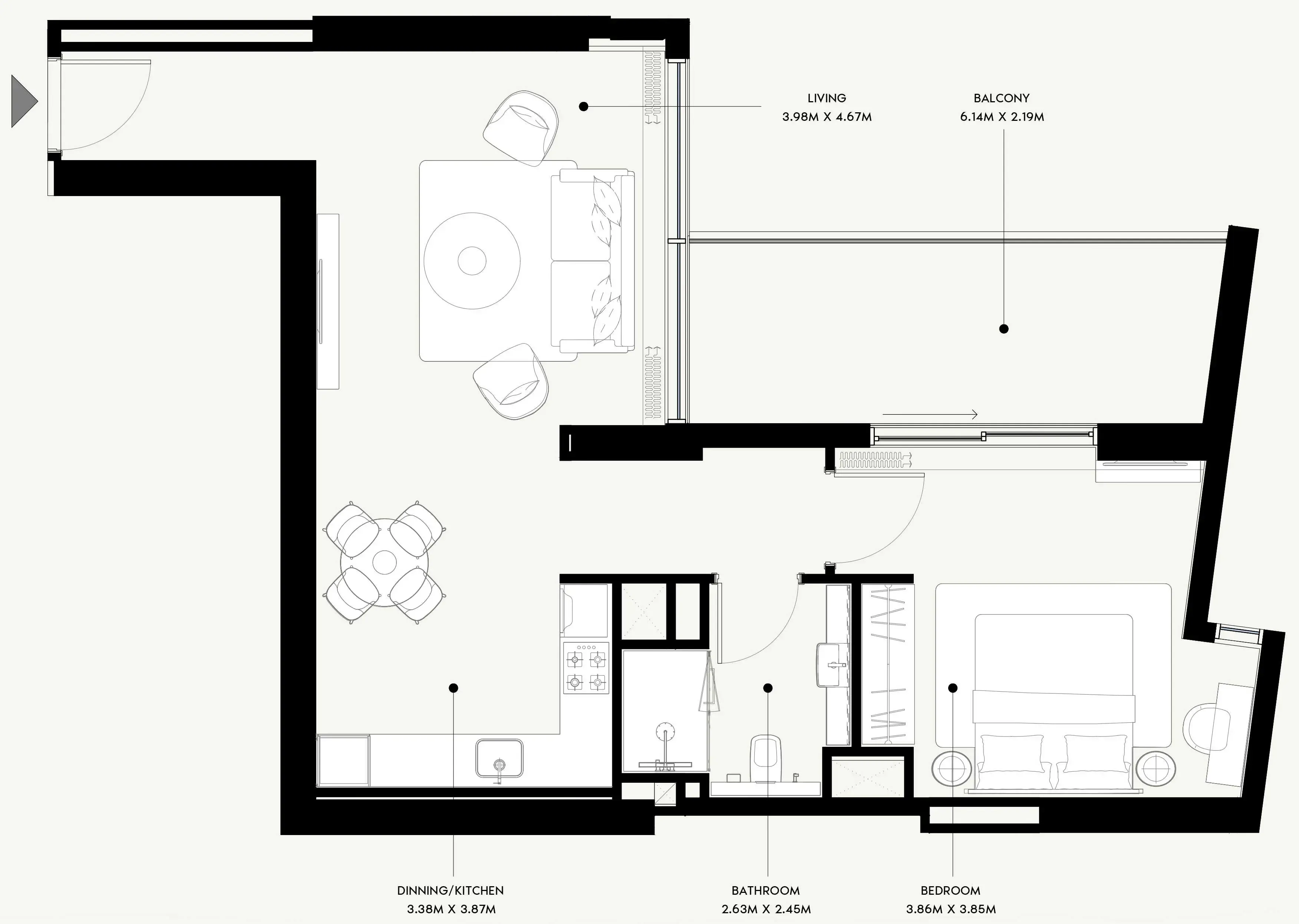 Azizi Venice 1 bed floor plan, 901 sqft