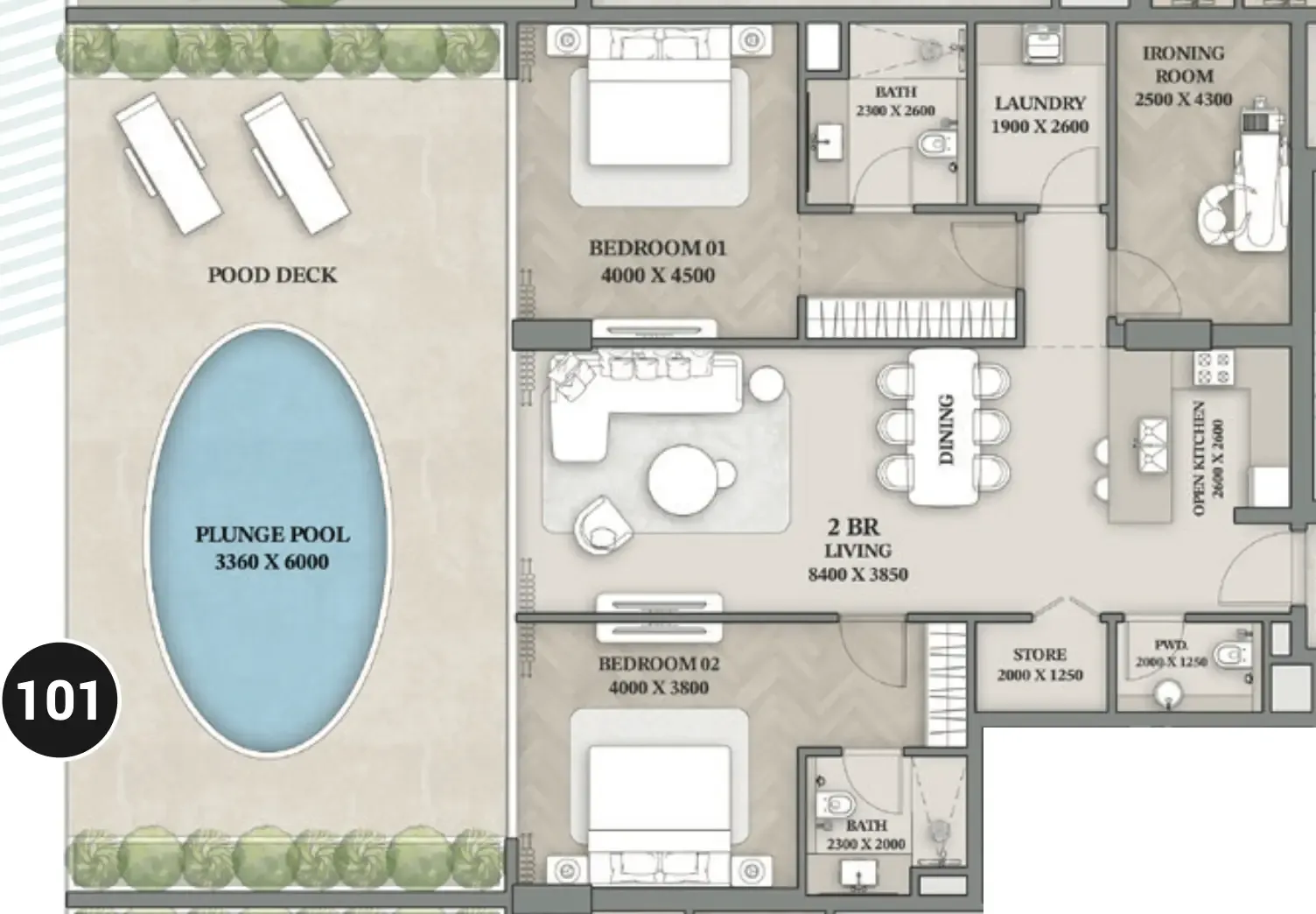 Wellington Ocean Walk 2 bed floor plan, 2,225 sqft