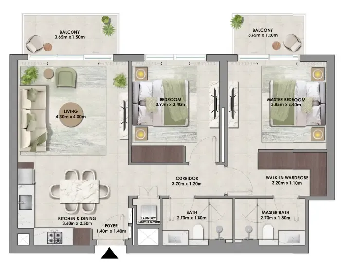 Palace Residences Hillside Towers A & B 2 bed floor plan, 1,062 sqft