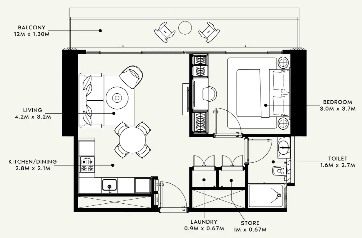 Azizi Milan 1 bed floor plan, 665 – 680 sqft
