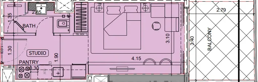 Project Maybach Studio floor plan, 402 sqft