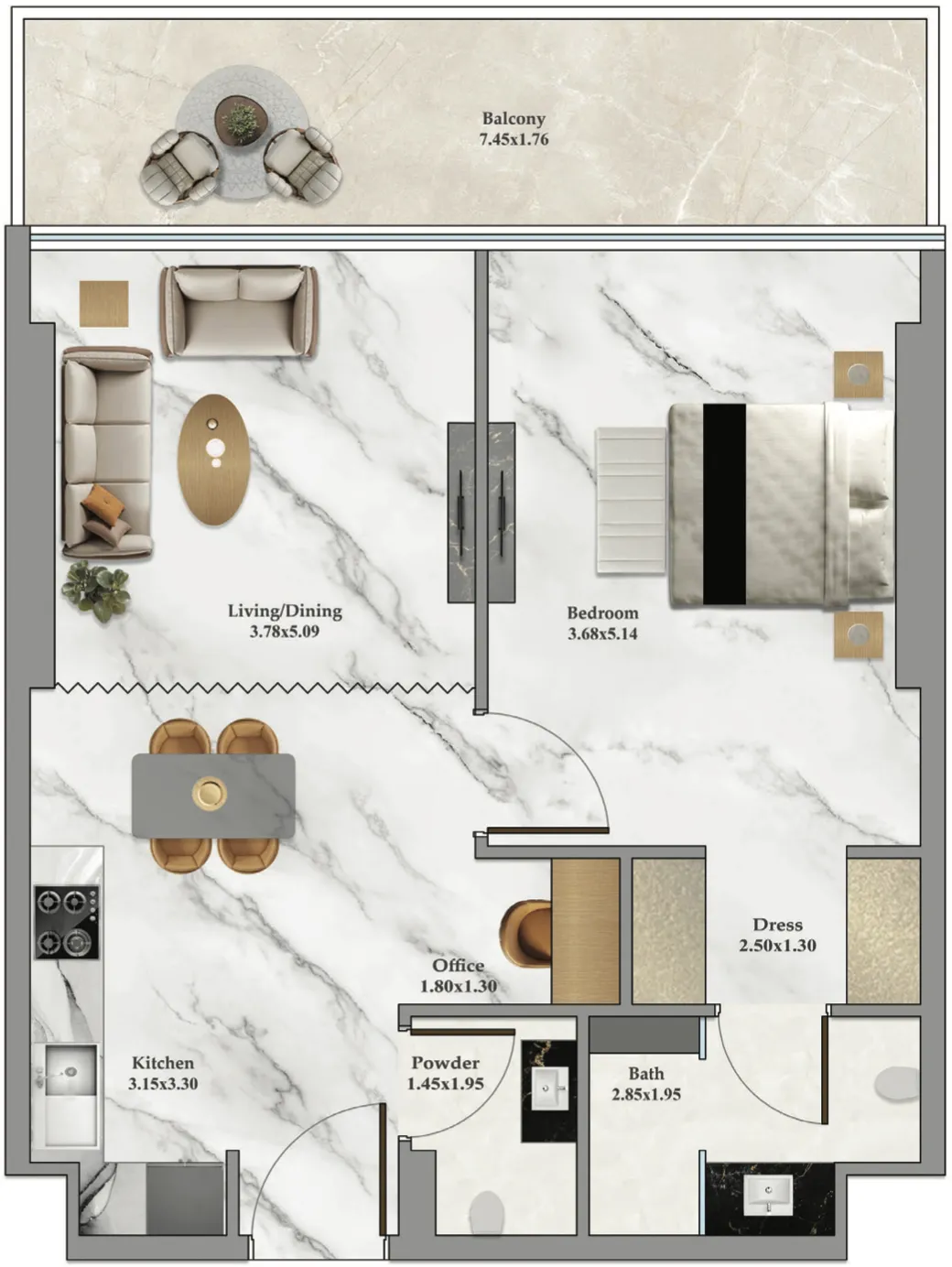Bayz 102 1 bed floor plan, 806 sqft