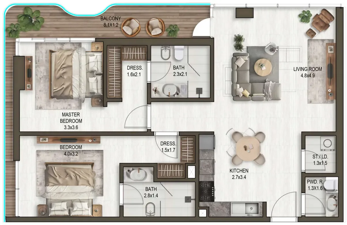 Noore 2 bed floor plan, 1,228 – 1,244 sqft