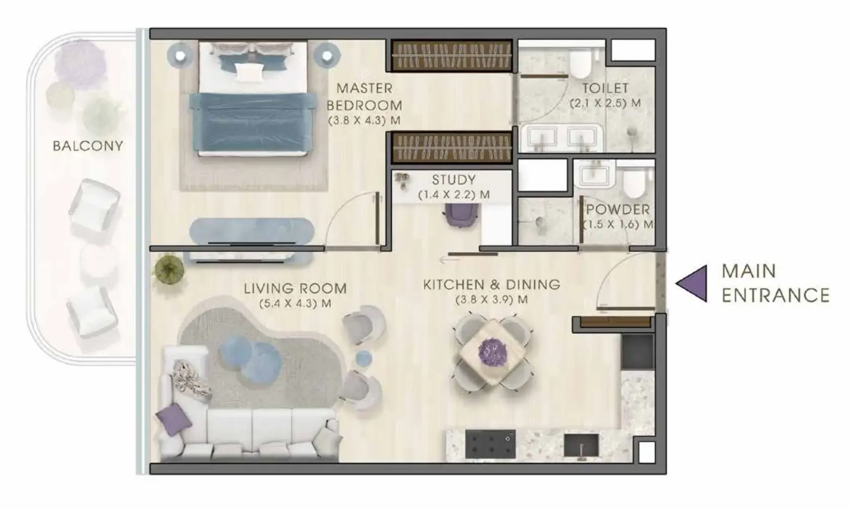 Kaia Residences 1 bed floor plan, 922 sqft