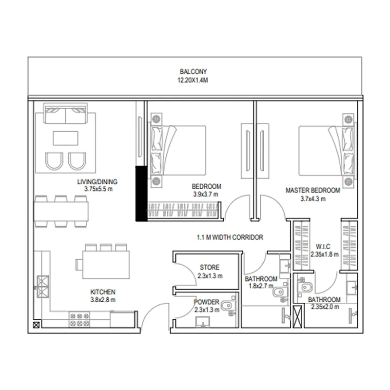 Golf Place 2 bed floor plan, 1,296 sqft