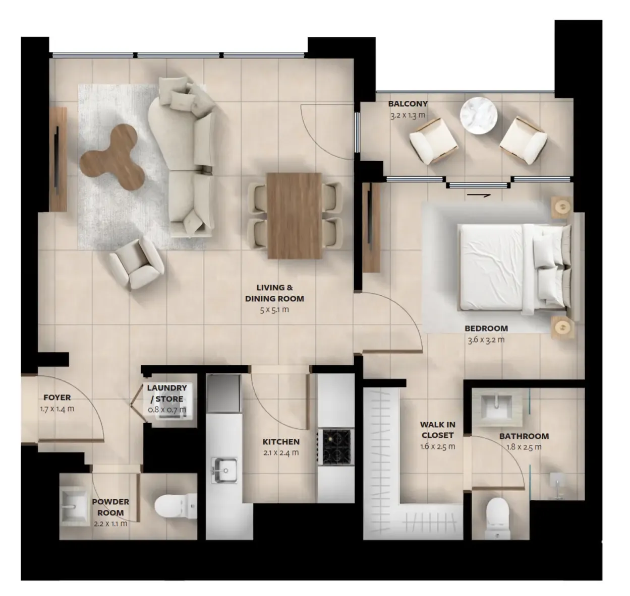 Waada Dubai South 1 bed floor plan, 748 sqft