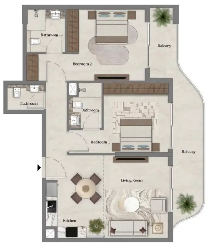 Mirari Lagoon by Zoya 2 bed floor plan, 1,081 sqft