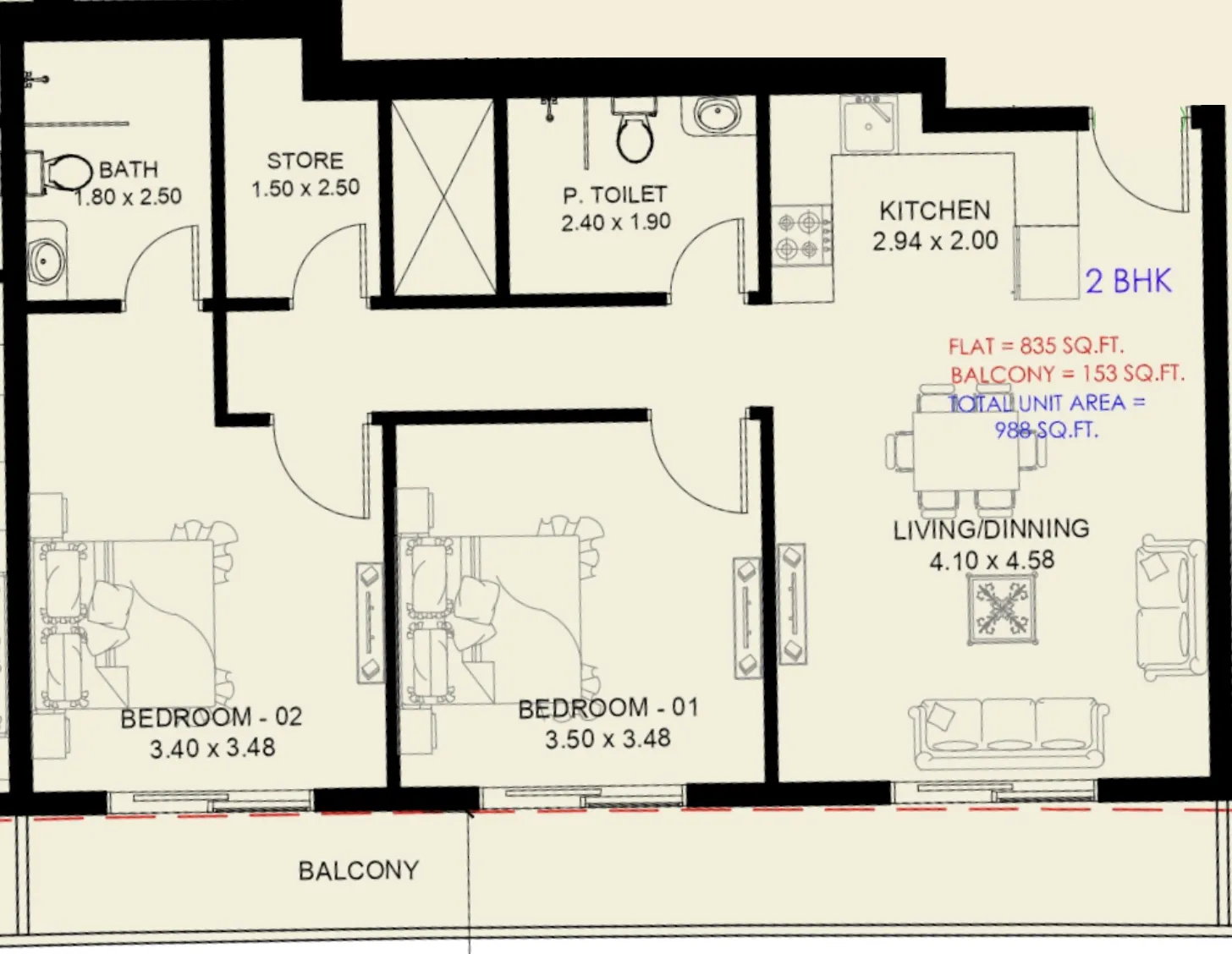 Astra South 2 bed floor plan, 1,033 sqft