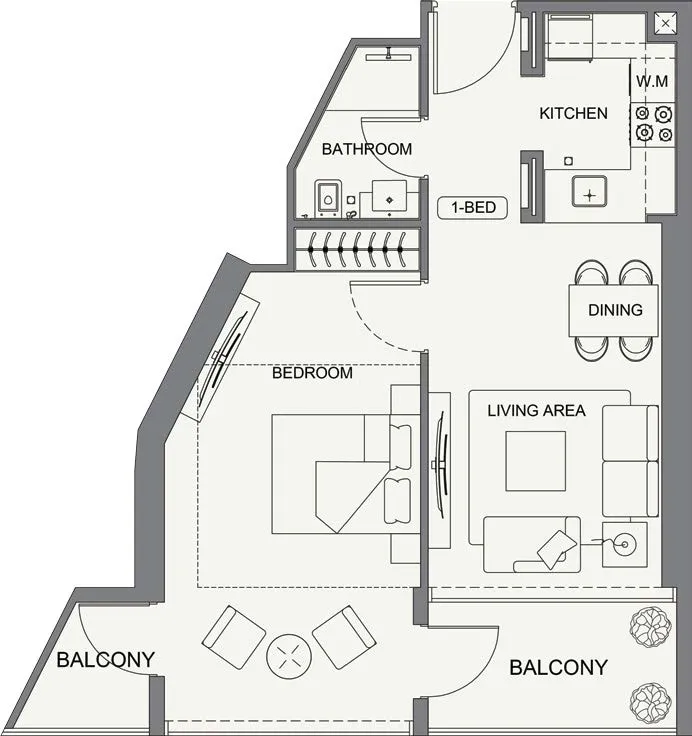 Binghatti Cullinan 1 bed floor plan, 677 sqft