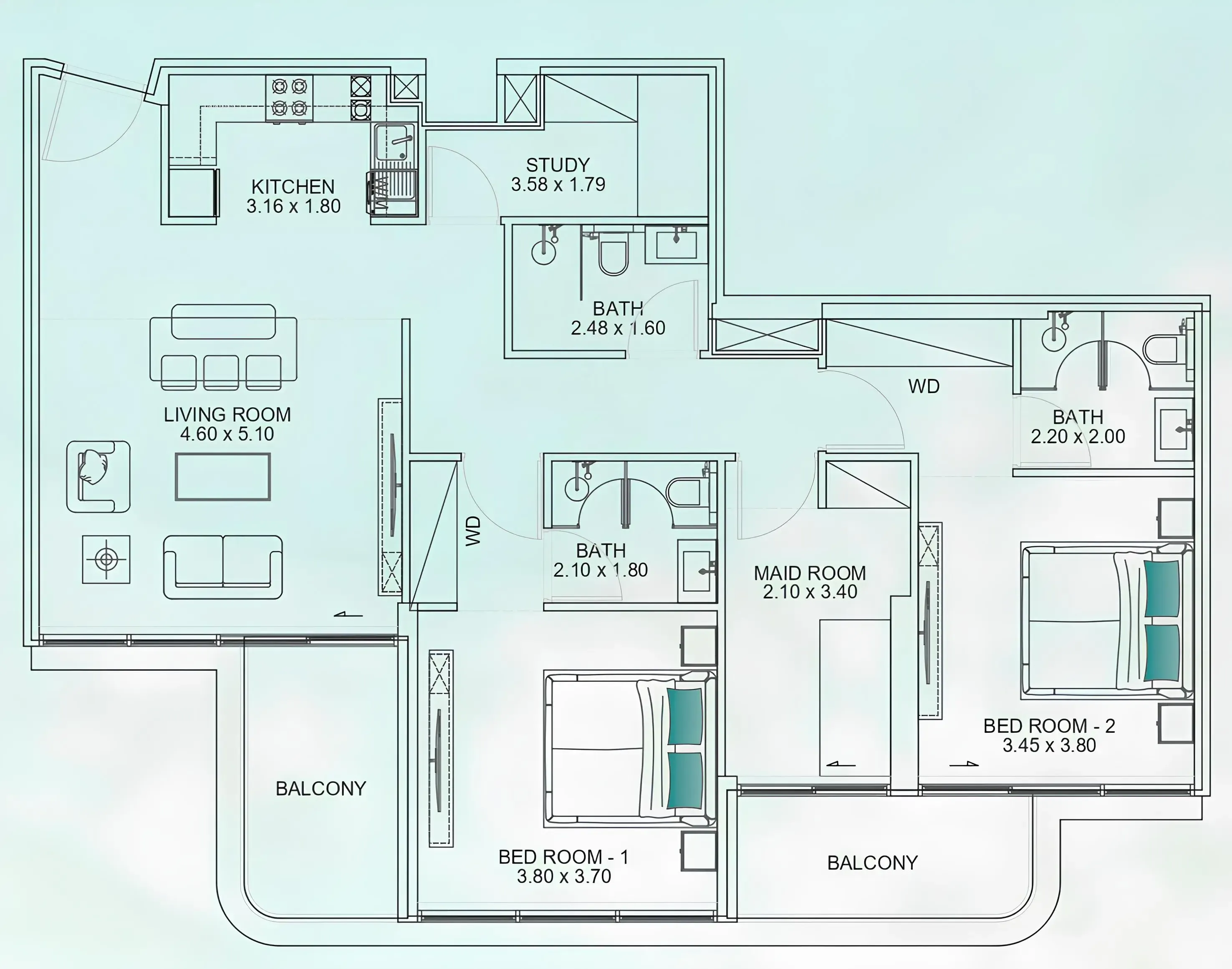 Floarea Breeze 2 bed floor plan, 1,373 sqft