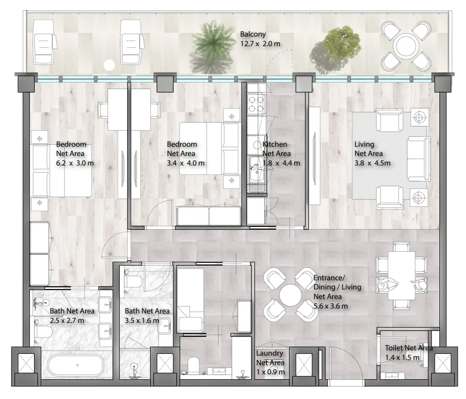 Yas Beach Residence 2 bed floor plan, 1,554 – 1,645 sqft