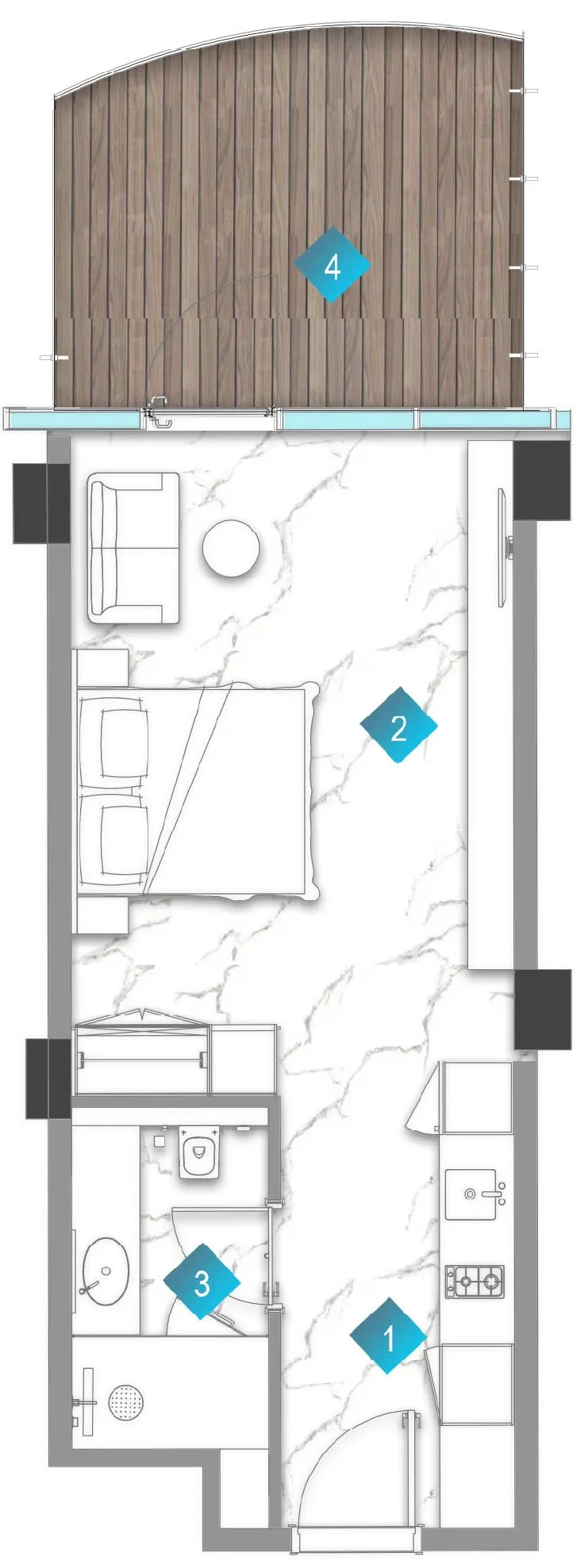Aqua Arc Studio floor plan, 570 sqft