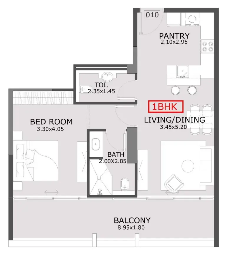 Azra Residence 1 bed floor plan, 822 sqft