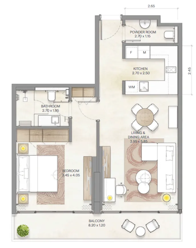 Bloom Arjaan by Rotana  1 bed floor plan, 825 – 835 sqft