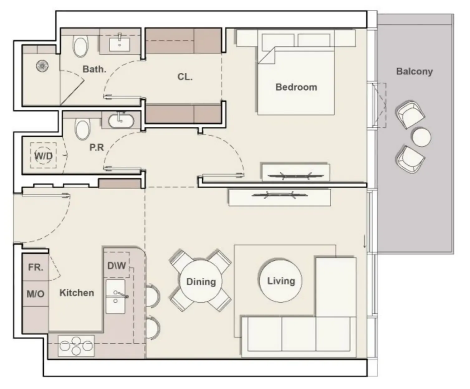 The Meriva Collection 1 bed floor plan, 834 sqft