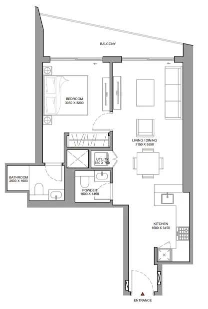 The Eden at Sobha Central 1 bed floor plan, 744 sqft
