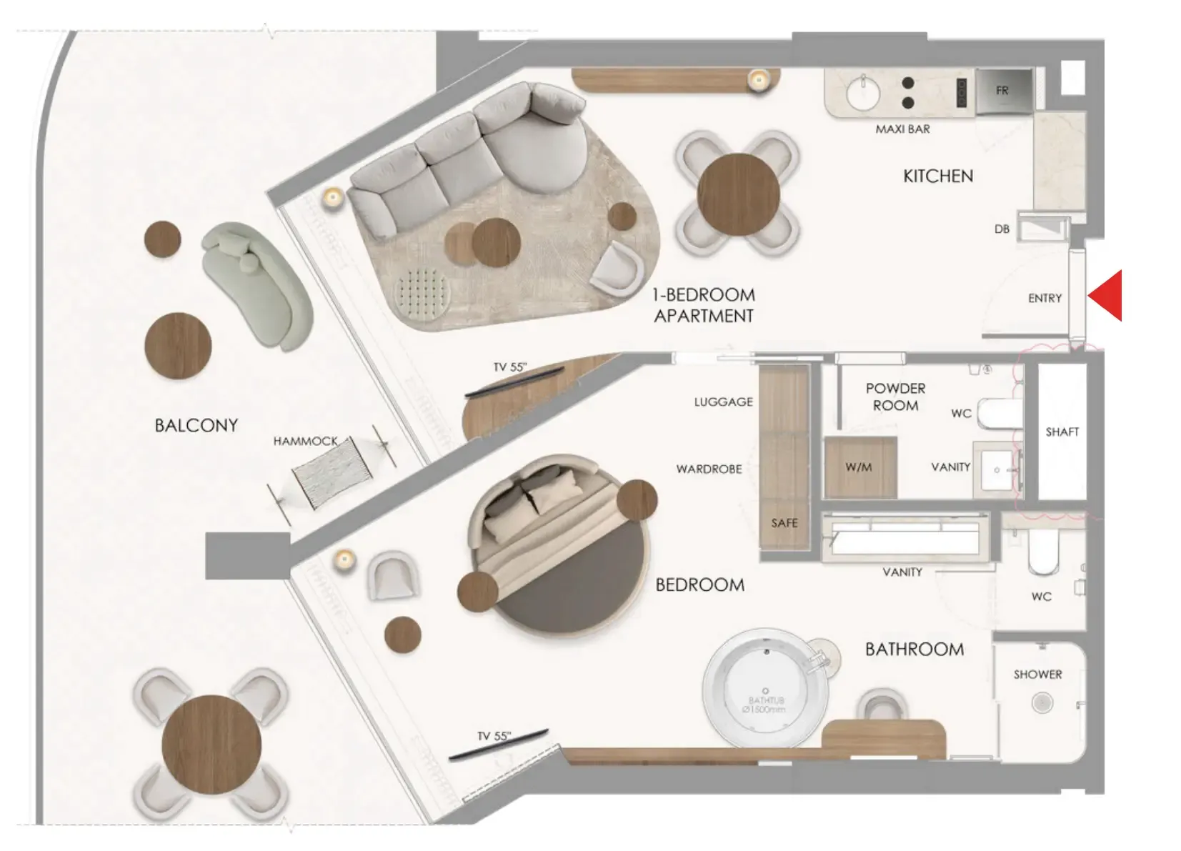 The Unexpected Al Marjan Island Hotel and Residence 1 bed floor plan, 1,161 sqft