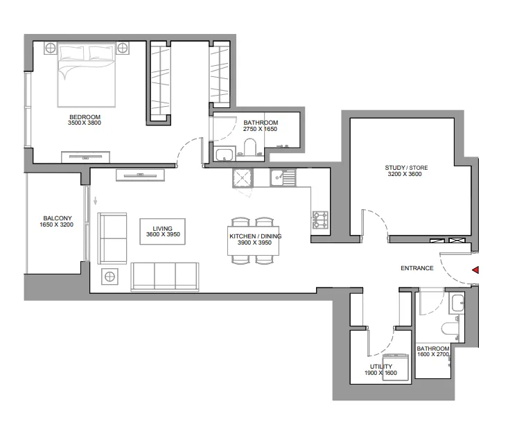 Skyscape 1 bed floor plan, 1,153 sqft