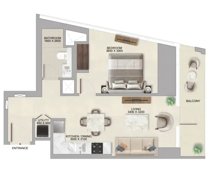 The Tranquil at Sobha Central 1 bed floor plan, 686 sqft