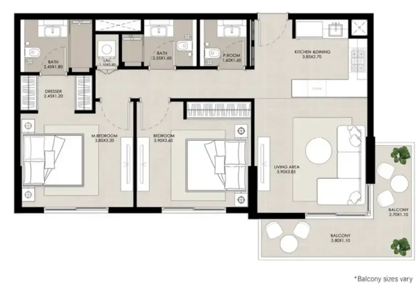 Rosewell 2 bed floor plan, 946 – 950 sqft