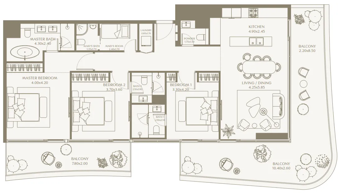 AYA Beachfront Residences 1 bed floor plan, 2,207 sqft