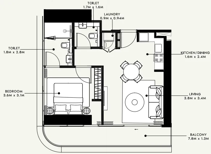 Azizi Milan 1 bed floor plan, 671 sqft