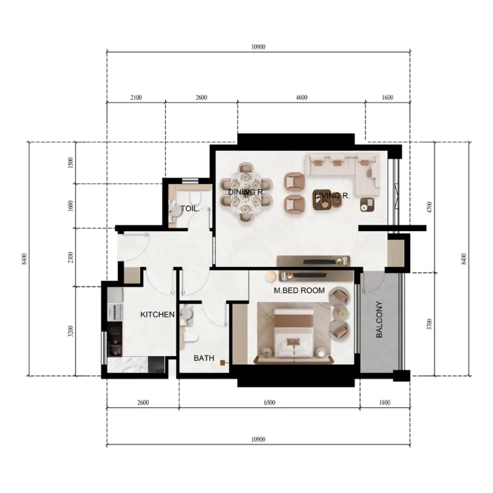 Lily Tower 1 bed floor plan, 838 sqft