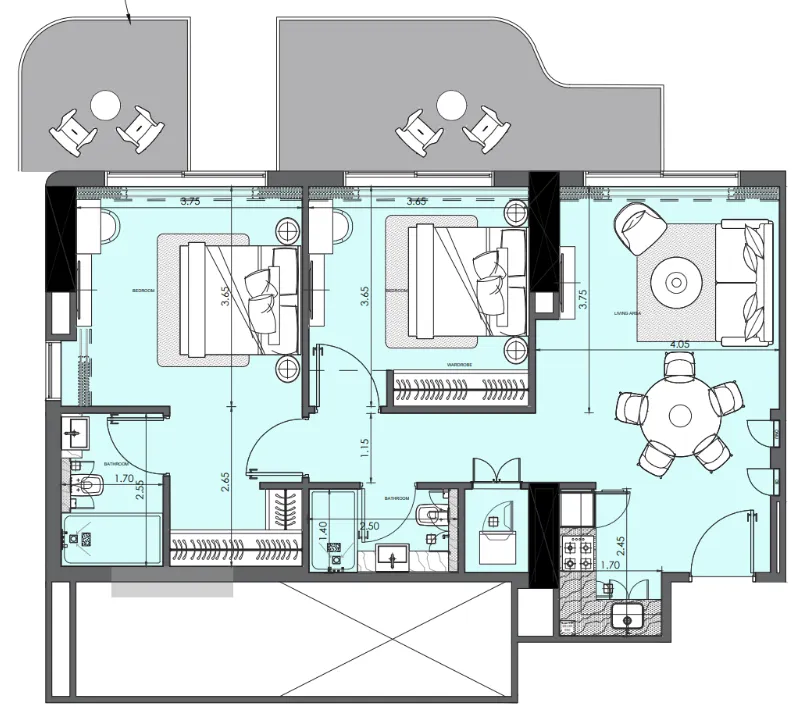 Azizi Wasel 2 bed floor plan, 1,062 sqft