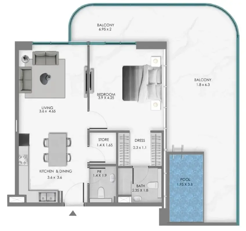 Samana Ocean Bay 1 bed floor plan, 1,263 sqft