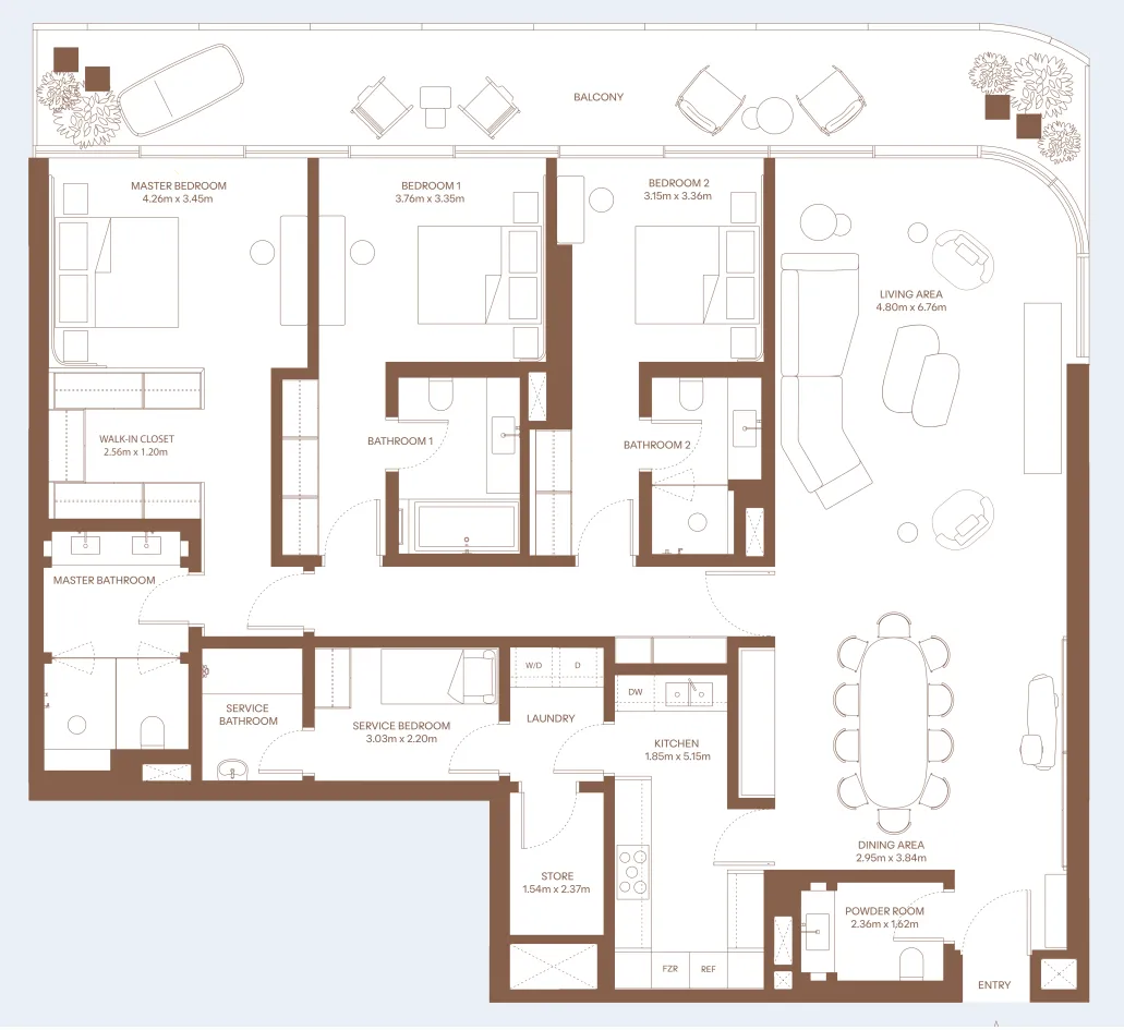 Dubai Harbour Residence 3 bed floor plan, 2,684 – 2,685 sqft