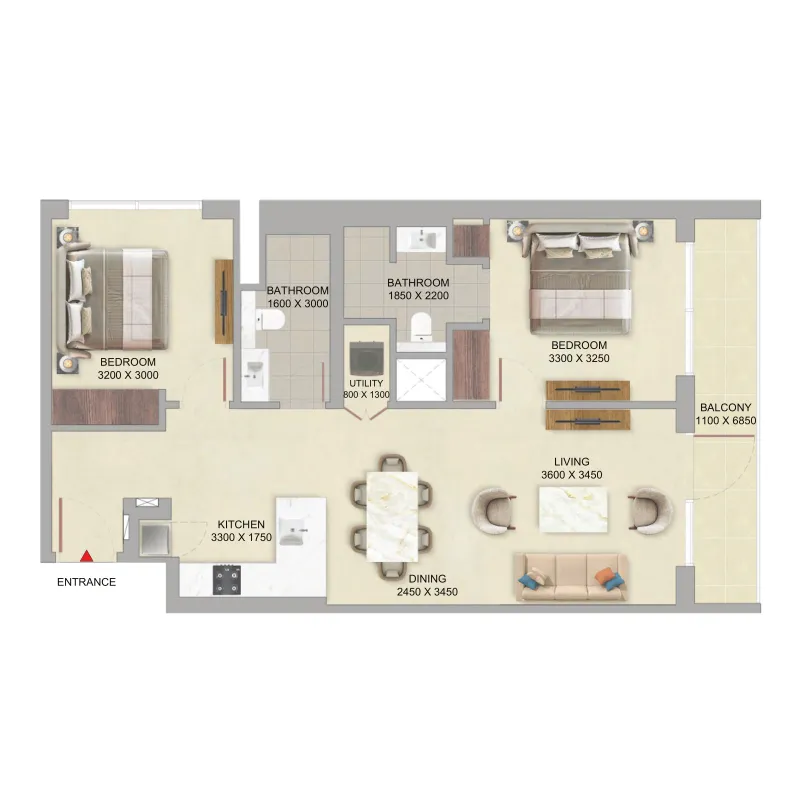 The Woods at Sobha Sanctuary 2 bed floor plan, 863 – 965 sqft