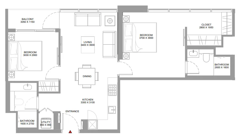 Pristine Beach Residences 2 bed floor plan, 840 – 841 sqft