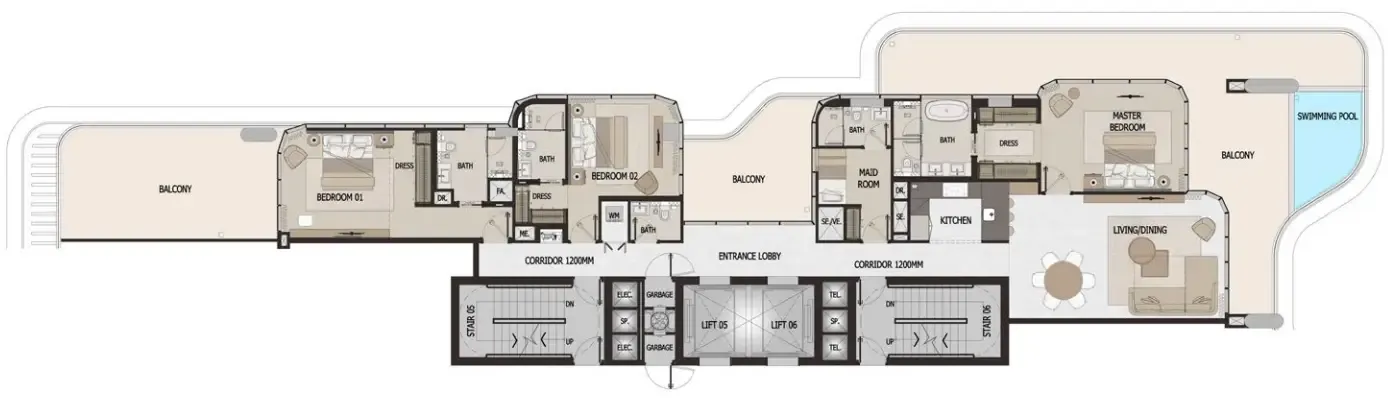Vitalia Palm Jumeirah Residences 3 bed floor plan, 3,337 – 3,723 sqft