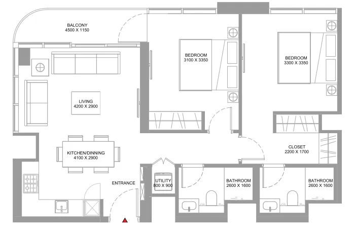 Starline Beach Residences 2 bed floor plan, 864 sqft