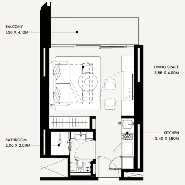 Jaddaf Beach Oasis Studio floor plan, 338 sqft