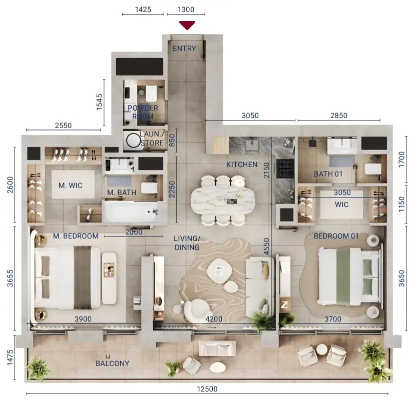 Mirdad 2 bed floor plan, 1,194 – 1,211 sqft