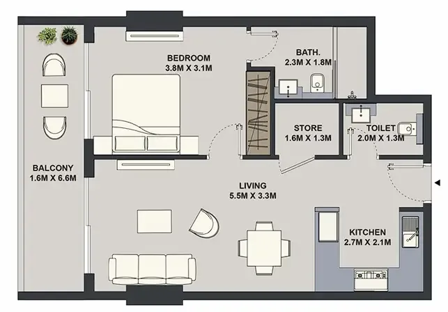 Maison Elysee 1 bed floor plan, 703 sqft